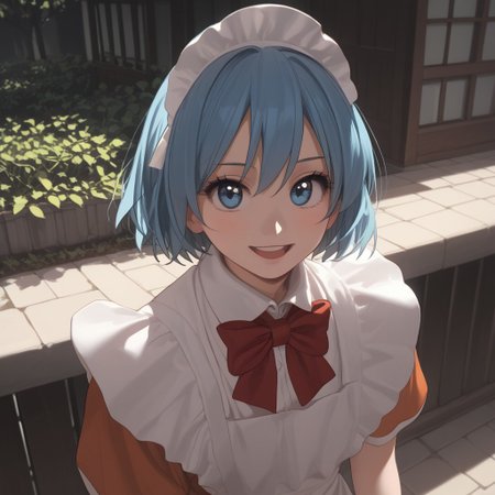 abbystea style, score_9, score_8_up, score_7_up, best quality, high detailed, BREAK
female, solo, long eyelashes, cute, 
Chikoi the Maid, maid, white maids headband, blue hair, short hair, blue eyes, Red bow tie, orange maid suit
looking at you,
scenery porn, outdoors,
sunlight, high angle, face focus, saturated colors, smile, open mouth