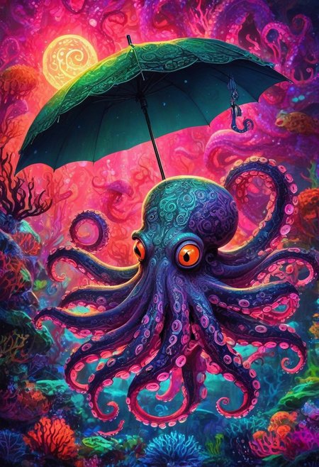 CreepyCuteMagical,   A neon-colored octopus wearing a tiny top hat and monocle, holding a glowing umbrella with its tentacles as it floats through a sea of bioluminescent coral. The coral pulses with radiant greens, pinks, and purples, casting an otherworldly light. Schools of translucent, glowing fish swirl around the octopus, giving the scene a sense of enchanting underwater elegance.