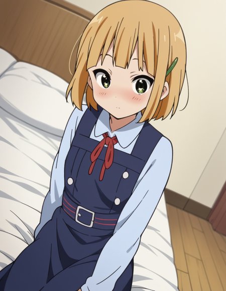 score_9, score_8_up, score_7_up, source_anime, <lora:midori-tokiwa-s1-ponyxl-lora-nochekaiser:1>, midori tokiwa, short hair, blonde hair, hair ornament, green eyes, hairclip,, school uniform, pinafore dress, ribbon, red ribbon, long sleeves, blue dress, buttons, long skirt,, indoors, bed, bedroom, on side, blush, drunk, , hands on own knees, looking at viewer, solo,, dutch angle, cowboy shot