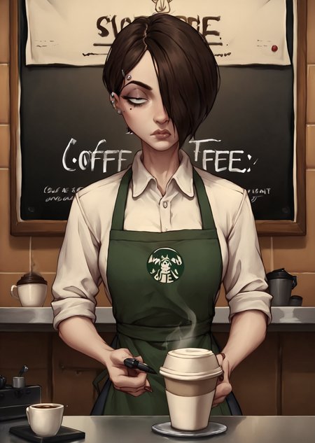 score_9, score_8_up, score_7_up, score_6_up,   <lora:Carrie_Rosenburg:0.8>, Carrie, 1girl, solo, hair over one eye, piercing,  detailed background,  coffee shop, uniform, apron,