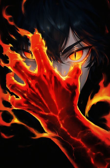 1boy, general, 

black hair, orange eyes, tsurime, slit pupils, looking at viewer, 

fiery gauntlets,

best quality, very awa, highres, newest