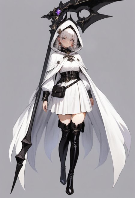 masterpiece, best quality, <lora:RECXL_ANI31_lokr_V43P1NF:0.95>  1girl, solo, boots, scythe, white background, black footwear, full body, simple background, thighhighs, hood, weapon, standing, looking at viewer, cloak, belt, hood up, white hair, thigh boots, grey eyes, hair ornament, white dress, dress, white cloak, closed mouth, jewelry, black thighhighs, short hair, earrings, holding scythe, hooded cloak, knee boots, pouch, grey hair