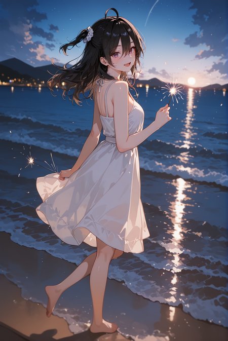 perfect quality,high quality,masterpiece,best quality,amazing quality,very aesthetic,Cinematic Lighting,newest,Tactical use of shadow,
1girl,solo,long hair,black hair,hair between eyes,ahoge,purple eyes,AyanoKimishima Cyql,
sparkler, outdoors, fireworks, barefoot, dress, scenery, sky, smile, night, white dress, ocean, open mouth, standing, beach, cloud, holding fireworks, looking at viewer, water, standing on one leg, horizon, one side up, from side, :d, blush, night sky, sleeveless dress, city lights, multicololens flare, sleeveless, blurry, bokeh, sundress, shore, holding, bare shoulders, full body, bare arms, depth of field, sunset, scrunchie, breasts, mountainous horizon, mountain, cloudy sky,  waves, blurry background,  star (sky), blue sky, sand,  leg up, sun, looking to the side, lights, reflection, walking, moon, bare legs, floating hair,
<lora:ponyv4_noob1_2_adamW-000017:0.7>,<lora:spo_sdxl_10ep_4k-data_lora_webui:0.6>,<lora:USNR STYLE_XL_lokr:0.45>,<lora:illustrious_all_rated_v1:0.7>,<lora:96YOTTEA-WAI:0.8>,<lora:Ayano Kimishima_Illustrious by Cyql:1>,
