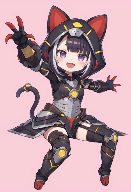 (score_9:0.9),score_8_up,score_7_up,rating_safe,anime style,(zPDXL),<lora:Almudron armor ponyXL v1:0.73>,1girl,solo,purple eyes,black mechanical cat tail,pink background,chibi,smile,black cat hood,simple background,outstretched arms,blush,:d,virtual youtuber,looking at viewer,open mouth,black hair,multicolored hair,full body,cosplay,sitting,almudron armor,black thigh armor,black knee boots,black claw gauntlets,full armor,