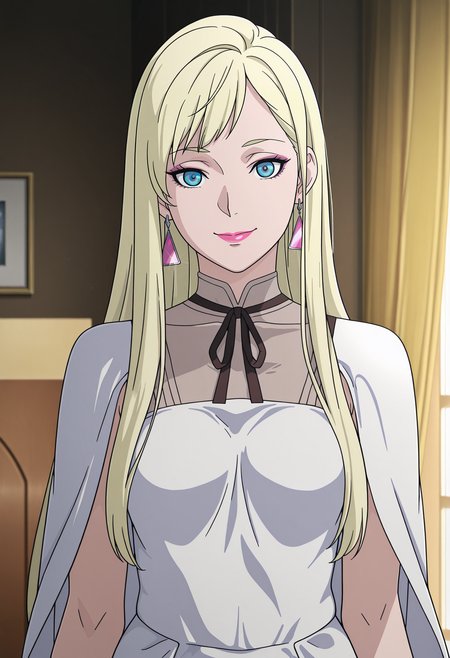 1girl,solo,mm,mature female,long hair,blonde hair,blue eyes,triangle earrings,makeup,lipstick,anime coloring,
white dress,white capelet,upper body, looking at viewer, smile,indoors
,masterpiece,best quality,amazing quality,<lora:Gigi_Andalucia_from_Gundam_Hathaways_Flash_v2:0.8>