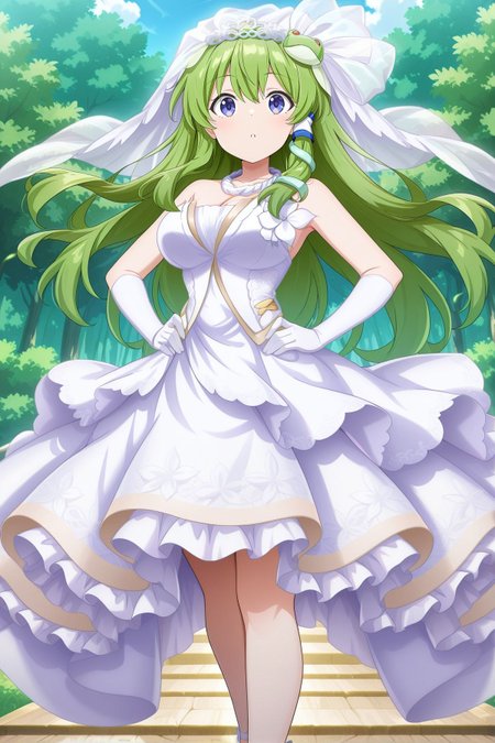 absurdres, highres, masterpiece, best quality, amazing quality, official anime artwork, screencap, anime screencap, outdoors, looking at viewer, dynamic pose, 
 <lora:Sanae-Kochiya_IllustriousV2:1> kochiya sanae, 1girl, solo, purple eyes, green hair, long hair, frog hair ornament, snake hair ornament,, kochiya sanae \(broken line of forsaken rites\), alternate costume, bridal veil, white flower, jewelry, white necklace, wedding dress, strapless dress, frilled dress, white dress, cleavage, elbow gloves, white gloves, white footwear, gold trims, hands on hip,