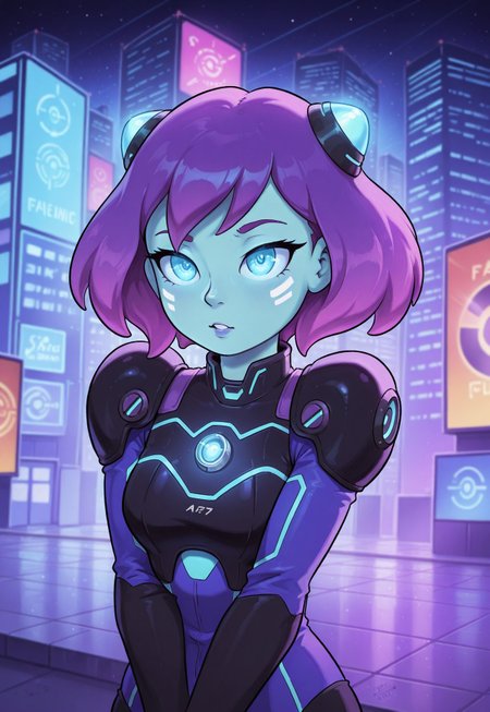 score_9, score_8_up, score_7_up, 1girl, solo, intergalactic bounty hunter, futuristic battle armor with glowing neon accents and advanced tech, dual plasma blasters with sleek designs and glowing energy cores, short spiky purple hair with cybernetic enhancements, realistic, cinematic angle, cinematic lighting, athletic body, determined face, glowing cyan eyes, combat-ready pose
BREAK
tracking a target through a bustling alien marketplace
BREAK
source_sci-fi_art, rating_explicit, expressive, full body, dynamic pose
BREAK
detailed beautiful background, vibrant alien marketplace with exotic stalls and bustling crowds, neon-lit signs and holographic advertisements, alien creatures and advanced technology, distant spacecraft and futuristic skyline, high-tech atmosphere with a sense of adventure and danger
<lora:Expressive_H:0.6>Expressiveh, (SimplepositiveXLv1:1.3), (upper body, full clothed:1.85) ((masterpiece)) (ultra realistic, 32k, masterpiece:1.2), (high detailed skin:1.1), (high quality:1.1) (((full clothed))) <lora:DandonFuga_Style_v.2_-_Pony:0.8> 
<lora:add-detail-xl:1> 
<lora:Dynamic Poses:1>