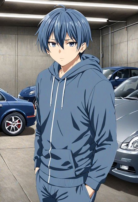 high resolution, solo, best quality, 1Boy, Tomoya Okazaki, Grey Blue Hair, lounge suit, hoodie, car garage, OverallDetail