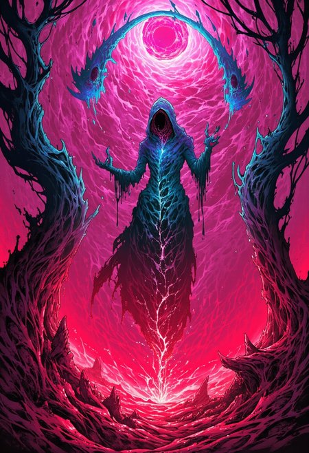 painted world, teeth, stylized surreal depiction of an ethereal ghostly cybergore figure with a large scythe, wearing a cloak without a face, floating through an enchanted forest permeated by a thick miasma visible as dense and vibrant fog with a menacing neon glow pulsing from within. The monster trees are interconnected by thorny vines with eyes and fangs. The color scheme is dominated by an eerie red-pink light and particles, accentuating the horror-themed grimdark fantasy nightmare.  <lora:flux\flux_cybergore>
