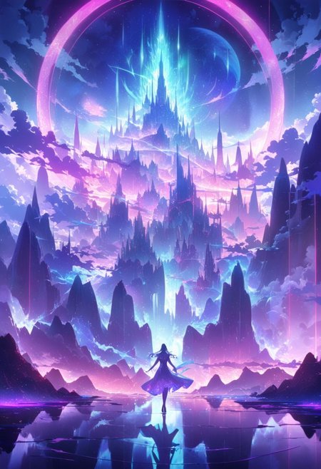serene night, beautiful sky, dancing silhouette, Complex landscape, best quality, pastel colors, light blue tint, aesthetic Ethereal, Effulgent, Idyllic atmosphere,  Tranquil,  ethereal quality, cinematic volume, Twinkling lighting, glowing aura, global illumination,  glowneon, Anisotropic Filtering, Unrivaled Opus, Unconventional, hyper detailed, HDR,