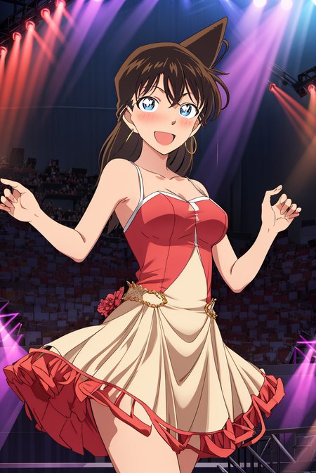 1girl,mouri ran,outdoors,medium breasts,nose blush,sleeveless dress,earrings, indoors, banquet,stage, dancing, fantasy,stage lights, happy,looking at viewer, 
 <lora:mouriran:0.9>