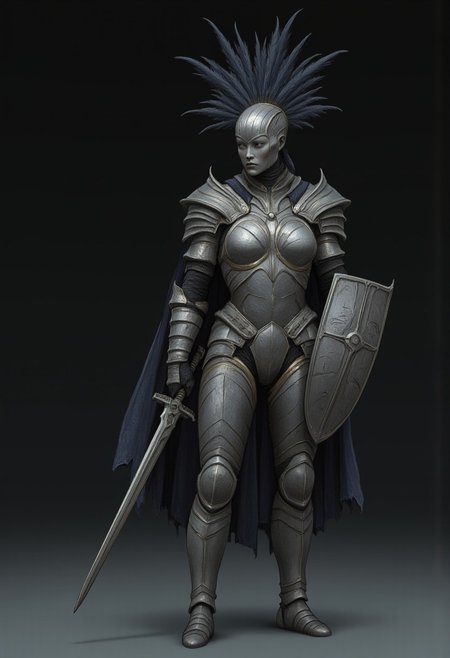 MikeFranchinastyle, d4artstyle, d4concept, , bbstyle,, horror theme,, zbrush, ZBClay model of a gray sculpture, 1990's, 1990's style
Set against a solid dark color background to emphasize its unsettling unnatural form that emphasizes its silhouette. The medium is not a traditional painting or illustrative medium like watercolor or ink but rather a digital 3D rendering.
A feathered knight with a cape, holding a templar shield, and a gladiator sword