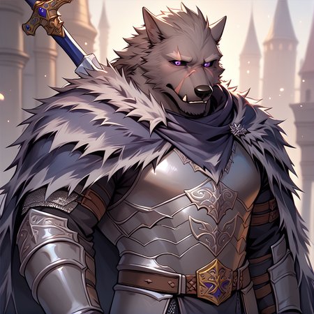 score_9, score_8_up, score_7_up,  <lora:Blaidd:1> blaidd, 1boy, solo, furry, bara, purple eyes, black sclera, wolf boy, scar, standing, bara, armor, sword, cloak