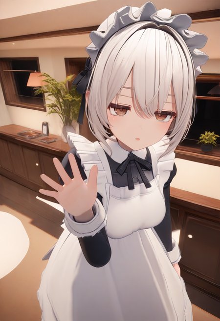 1girl,maid,white hair,maid headdress,brown eyes,white apron,expressionless,jitome,solo,standing,open mouth,waving,looking at viewer,3d,vrc,masterpiece,high score,great score,absurdres,<lora:vrc style_ani4 xl_v1-000010:1>,