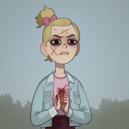 Sasha, 1girl, alone, short stature, blonde hair tied in a ponytail with a dark pink bow, mole on left cheek, light blue jacket, light pink shirt, 
Mossastyle
Sasha with a sad and angry, dull look and dark circles under her eyes. Sasha cries as she hugs a sword. Blood on her hands, blood on her clothes, a scar on her cheek.. Half body
