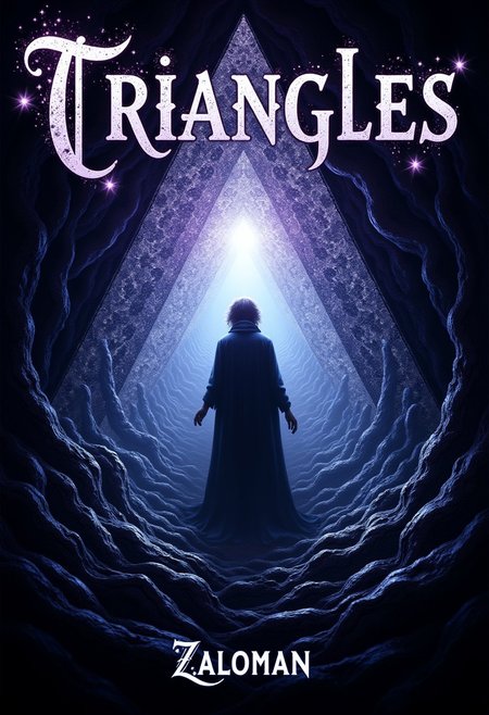 The cover should feature a mesmerizing, intricate pattern of triangles that seem to shift and writhe like living shadows.
The triangles should be arranged in a way that creates a sense of depth and dimensionality, drawing the viewer's eye into the heart of the design.
A figure should be visible in the center of the cover, shrouded in mist or shadow.
The figure should be androgynous, with features that are both masculine and feminine.
The figure should be surrounded by a halo of light that seems to pulse with an otherworldly energy.
The color palette should be dark and muted, with shades of indigo, purple, and black dominating the design.
The triangles should be rendered in a metallic silver ink that seems to shimmer and glow in the light.
The title of the novel, 'Triangles', should be emblazoned across the top of the cover in bold, gothic letters.
The author's name "Zaloman" should be written in smaller text at the bottom of the cover