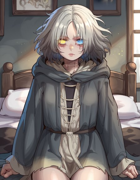 score_9,score_8, score_7, bedroom, 1girl, indoors, solo, ebonyxh, <lora:ebonyxh-000011:1>, DarkMelina, hood, gray hair, scars, blue pupil, yellow pupil, heterochromia,   <lora:DarkMelina:0.8>