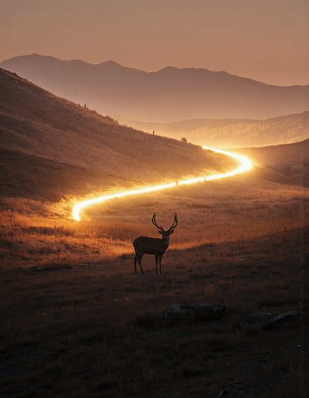 Art by Brooke Shaden. A photo-realistic shoot from a far camera angle about a silhouette of a deer standing on a hill with mountains in the background, illuminated by a warm, golden light. the image also shows a serene, distant landscape with rolling hills and a distant mountain range in the distance. on the middle of the image, a single deer stands on the hill, facing the viewer, with its full body visible. the deer has large antlers and is standing still, with no other objects in sight. it appears to be a deer, with a slim body and a prominent antler. the background features a hazy, misty landscape with distant mountains and a glowing, ethereal light trail behind the deer, creating a sense of depth and dimensionality. the lighting is warm and soft, casting gentle shadows on the deer and the surrounding hills. the overall effect is one of tranquility and serenity.