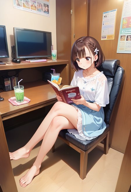 score_9, score_8_up, score_7_up, rating_safe, masterpiece, best quality, absurdres, unity 8k wallpaper, official art, official style, source_anime, uncensored, game cg, megami magazine,
necafe, scenery, 1girl, solo, brown hair, sitting, reading, indoors, chair, drinking straw, book, cup, computer, braid, drink, barefoot, short hair, crossed legs, skirt, desk, monitor
<lora:NetCafe_PONY_V1:1>