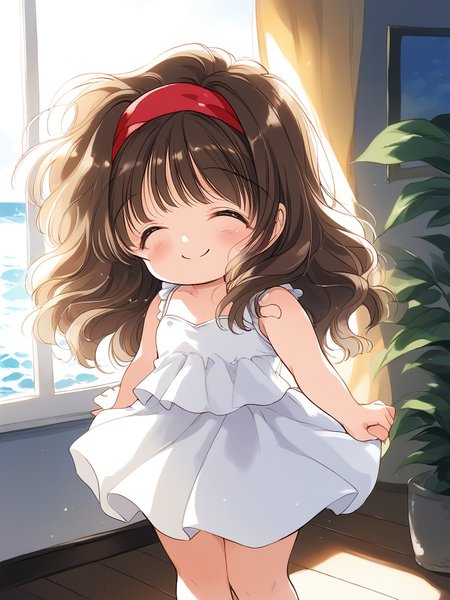 score_9, score_8_up, score_7_up, source_anime, rating_explicit, BREAK  <lora:Kana_graduate_XL:1> Kana_graduate, closed eyes, brown hair, long hair, red hairband, bangs, short stack, wave hair,
white dress. white skirt. frill, 
room, flooring, curtain,
smile,
looking at viewer, 
cowboyShot,