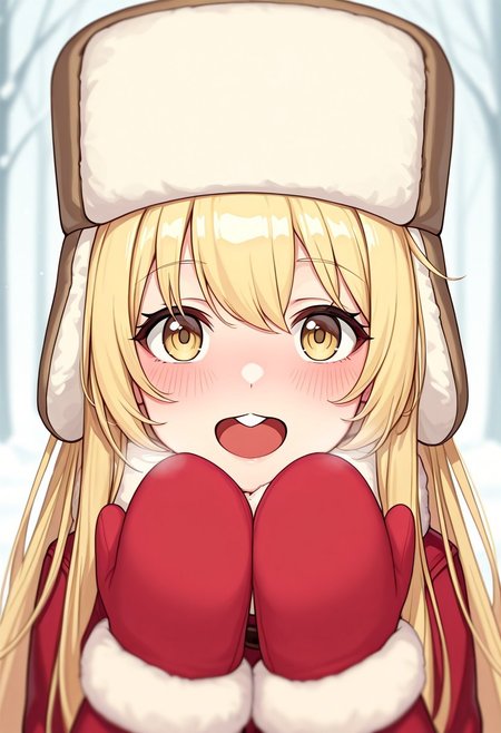 evanyang, illustration, charact portrait, depth of field, blonde hair, very long hair, blushing, face focus, buck teeth, looking at viewer, ushanka, mittens, winter
