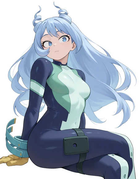 <lora:Hado Nejire Illu:1>nejir3, blue eyes, blue hair, long hair, hair down back, twin drills, hair horns,
nejir3her0, blue bodysuit, green bodysuit, multicolored bodysuit, thigh straps, yellow gloves, blue arm coils, blue spiral wrist straps, 
full body, cowboy shot, looking at viewer, expressionless, looking to the side, sitting, crossed legs, 
simple background, white background,, masterpiece, best quality, amazing quality