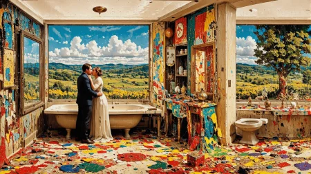 bathroom, beautiful  Tristanian surreal landscape, couple kissing, vivid colors, colorful, multilayer paint splash style, <lora:Hand v2:1> <lora:Anti-Blur:1> <lora:Insane Detail Slider:0.5>   <lora:Flux.1_Turbo_Detailer:0.6>   <lora:flux-photo-transparent_Alpha_1.0:0.8> <lora:flux.1_lora_flyway_Epic-detail_v2:1>   <lora:Painterly01b_CE_FLUX_AIT:0.8> pntrlyCE_style <lora:PsykeV1:1>  <lora:VividlySurreal:1>