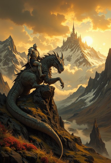 8k high quality digital painting , masterpiece, very detailed, ultra realistic, (best quality) very detailed epic masterpiece, 
unearthly beautiful, a breathtakingly beautiful landscape in the French Alps, in the foreground a shiny knight riding on a black dinosaur-like dragon watches a beautiful castle in the distance, the low  yellow sun casts long shadows, breathtaking light effects by the sun, enchanting landscape, fairytale-like, calm mood, flowers in the foreground, realistic