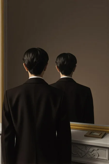 renemag1 painting.
A man viewed from behind, standing in front of a large, ornate mirror. The man has dark, neatly styled hair and is dressed in a dark suit with a white shirt, suggesting a formal or professional setting. His reflection in the mirror also shows the same back view.
 <lora:renemag1_cap_d6a3:1.0><lora:829552742864397308:0>
