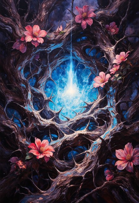 A mesmerizing scene filled with thick, intertwining spiky thorns, filling the entire frame with intricate detail. Nestled within the dense and sharp thorns are vibrant red flowers blooming with an eye-catching glow, their petals radiating life and warmth. At the center of the composition, a luminous blue orb glows softly, casting an ethereal light onto the thorns and flowers, creating a stark contrast between the sharp, dark spikes and the vibrant colors. The lighting enhances the orb’s radiance and adds a magical, mysterious ambiance to the image.