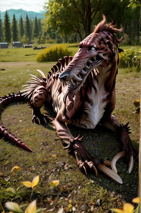 source_furry, score_9, score_8_up, score_7_up, (voretooth_xv, monster, canid, feral), detailed skin, white eyes, teeth, sharp teeth, spikes, claws, tail, <lora:FF_QiongQiPony08:0.8>, outdoors, grasland, lying, on stomach, zPDXL2, zPDXLpg, zPDXLrl, shaded, best quality, highly detailed, extreme detail, photorealistic