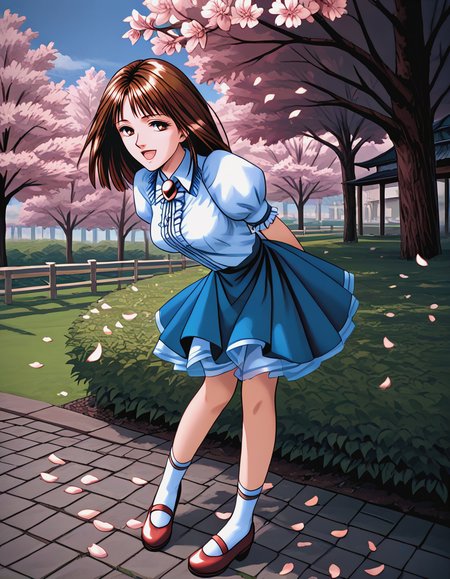 score_9, score_8_up, score_7_up, source_anime, masterpiece, high quality, 1girl,
 <lora:ShirakawaReiko_Pony_v01:1> shirakawareiko, brown hair, brown eyes, shirt, puffy sleeves, brooch, skirt, shoes,  smile, open mouth, standing, cowboy shot, leaning forward, bent over, outdoors, cherry blossoms, petals, arms behind back,