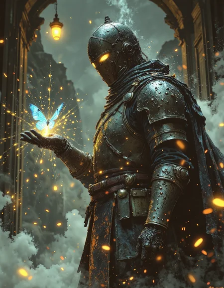 moody digital painting in a dark fantasy style, heavily emphasizing atmospheric rain. Picture a knight in full plate armor, helmet obscuring their face, standing in a rain-soaked environment. The knight's armor is dark metal and appears to be weathered and wet. They are holding out a hand, and resting on their fingertips is a glowing, bright blue butterfly. The background is blurred but suggests dark, rocky cliffs and more rain falling. The scene is lit softly, with the butterfly being the primary light source, contrasting against the dark, rainy setting. The overall mood is melancholic yet hopeful, with a strong focus on the contrast between the knightâs harshness and the butterflyâs fragility, <lora:Vibrantly_Dark_style_v.1:0.5>, <lora:anhei_first_flux_lora_v1:0.4>, <lora:FantasyWizardWitchesFluxV2-000001:0.8>, <lora:aidmaMJ6.1_v0.5_3:0.6>