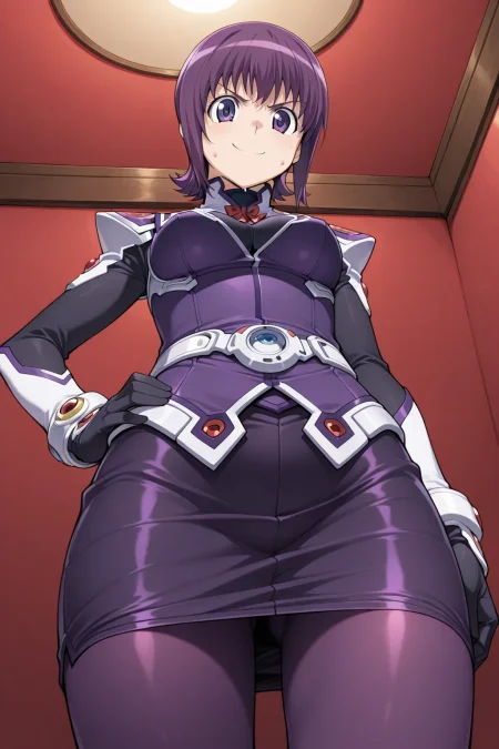 masterpiece, best quality, stellvia_machida_ayaka_ilxl, solo, 1girl,  <lora:stellvia_machida_ayaka_ilxl:0.9> purple uniform, black pencil skirt, tights, looking at viewer, smile, One hand on the hip the other hand raised to the head, from below, angry, sweat