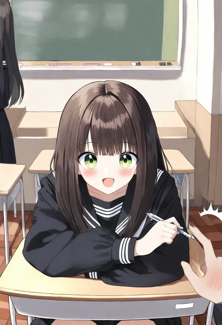 <lora:penta1_noob1.1-000139:0.9>,
serafuku, school uniform, multiple girls, shirt, 2girls, black sailor collar, skirt, pleated skirt, sailor collar, blush, :d, long sleeves, black serafuku, black skirt, black shirt, indoors, green eyes, smile, ^^^, solo focus, pov, holding, looking at viewer, pencil, puffy long sleeves, open mouth, puffy sleeves, brown shirt, school desk, desk, black hair, mechanical pencil, long hair, out of frame, holding pencil, brown hair, chalkboard, pov hands,
masterpiece,best quality,newest,absurdres,highres,very awa,