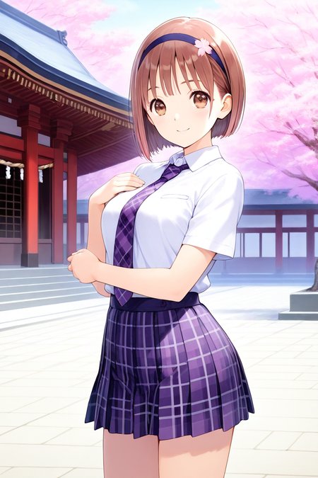 <lora:Hoshizaki_Ao_Blue_Reflection_Illus:1>1girl, solo, looking at viewer, short hair, skirt, japanese temple, sakura petal, sakura tree, center of attention, brown hair, brown eyes, school uniform, standing, cowboy shot, pleated skirt, hairband, purple tartan necktie, plaid, plaid skirt, bob cut, Hoshizaki Ao, white shirt, short sleeves, school uniform outfit, sexy pose, sexy smile, hairband, headband,