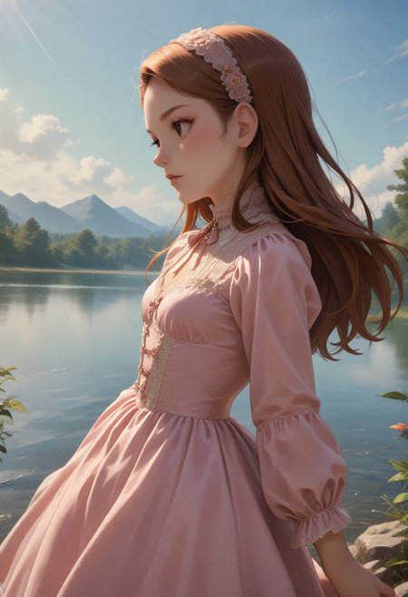score_9, score_8_up, score_7_up, score_6_up, source_anime, 
1girl, 21+ years old,
mnsior,
mnsior, petite, longhair, brown hair, forehead, brown eyes, hairband, small breasts,
victorian pink dress,  
, lake, sun
Cowboy shot Dynamic angle, dutch angle
Side view, Dynamic pose
View legs