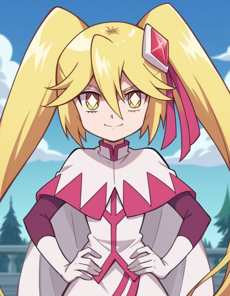 score_9, score_8_up, score_7_up, source_anime,
queendiamond, <lora:queen-diamond-s1-ponyxl-lora-nochekaiser:1>,
queen diamond, long hair, blonde hair, twintails, yellow eyes, diamond eyes, hair ornament, hair ribbon, ribbon, hair between eyes,
dress, capelet, white capelet, gloves, white gloves,
outdoors, hands on hips, smile,
looking at viewer, upper body, solo, dutch angle,