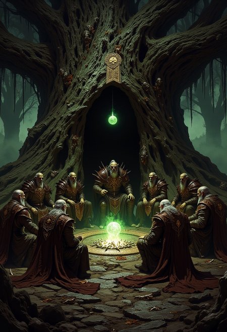 detailed renaissance oil painting, masterpiece, FredFraiStyle, chiascuro, silhoutetted, directional lighting, masterpiece, perfect composition, perfect hands, cowboy shot,
A massive ancient oak tree with a hollowed-out trunk, serving as the meeting place for a secret council of orc and human elders. The elders sit in a circle within the tree’s hollow, illuminated by a single floating orb of green light. Each elder wears ceremonial robes adorned with autumn leaves and bones, their faces weathered and wise. The tree’s bark is covered in ancient glyphs that glow faintly, as if listening to the meeting. The vibe is somber and secretive, the air thick with the weight of decisions that will affect the balance of magic in the land.