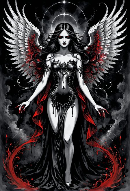 Gothic style red and black Ink illustration,I stand amazed by the visionary genius of the artist,the exacting precision of every brush stroke making the canvas come alive with awe inspiring visuals,(illustration of a beautiful angel's final breath as she succumbs to death),angelic robes soaked in blood,the artist mourns the life of a fallen goddess,the death of virtuous saint to hands of evil,the eyes plead with the viewer to release them from their pain,(((intricate background of evil spirits in the shadows))),masterpiece . Dark, mysterious, haunting, dramatic, ornate, detailed