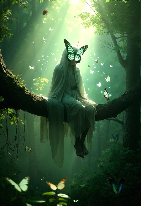 Photorealistic image of a figure with a luminous butterfly mask, draped in a cloak that merges with the forest around it. The scene is set in a sunlit glade, with ethereal butterflies casting delicate light patterns on the figure and the surrounding greenery.

The figure sitting on a tree branch high above the ground, with their legs dangling and a butterfly resting on their knee, surrounded by the dense canopy of the forest. 

An over-the-shoulder shot from behind the figure, capturing their view of the forest and the butterflies, with their glowing face casting light on the scene ahead.

The butterflies arranged in a spiraling pattern around the figure, creating a sense of movement and guiding the viewer’s eye through the composition.The lighting subtly varied in intensity, with soft rays of sunlight breaking through the canopy, creating dynamic highlights and shadows on the figure and the forest.

Close-Up on the Figure’s Face: A tight close-up shot focusing on the glowing butterfly-shaped face, capturing the intricate details and the soft light reflecting off the surrounding butterflies.

cinematic lighting, extremely intricate detail character, accurate depiction of character, correct body anatomy, correct hands and fingers, extremely intricate skin and facial texture detail, design,lifelike potrayal, extrememly realistic lighting, sharp background detail,










