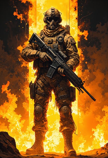 A heroic high-tech soldier from a special operations unit, depicted in an epic and glorifying pose. He stands tall and composed, backlit by intense flames that illuminate his silhouette, casting dramatic shadows across his gear. His advanced combat helmet features integrated goggles and a headset, hinting at cutting-edge communication technology. Clad in a tactical desert outfit in sand tones, he wears a bulletproof vest, rugged combat boots, and reinforced protectors on his arms and legs. He grips a heavy machine gun firmly with both hands, holding it in a relaxed yet battle-ready position. A tactical backpack with a visible radio antenna enhances his gear, emphasizing his role as part of an elite team. The fiery background and the glow outlining his figure amplify the sense of power and resilience, creating an awe-inspiring, action-packed scene. backlit. <lora:Dever_Flux_Enhancer.safetensors:0.5>,  <lora:Elden_Ring_-_Yoshitaka_Amano.safetensors:1.0>,  <lora:boFLUX digital-abyss.safetensors:0.3>,  <lora:boFLUX AbstractMorph.safetensors:1.0>,  <lora:RM_Artistify_v1.0M.safetensors:0.7>,