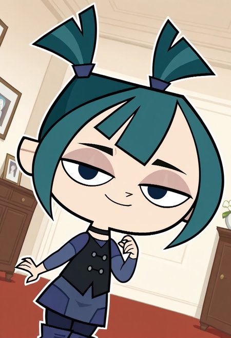 masterpiece, best quality, amazing quality, very aesthetic, absurdres, newest, solo, GwentdrZYN, 1girl, solo, chibi, teal hair, high pigtails, black vest, blue shirt, dress, dark blue pants, blue boots, black choker, black eyes,, cowboy shot, looking at viewer, beautiful, ((beautiful face, beautiful eyes)), Wide Hips, Big thighs, standing,(smile, dutch angle, naughty pose, looking at viewer, indoors, elegant room, solo, dynamic pose, full_body, head tilt,),((white background, White frame, white outline))