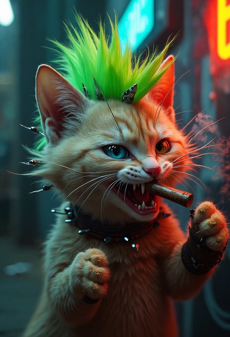 Extreme close-up of a rebellious punk rock cat, snarling with attitude. Shaggy paws.  Vibrant green mohawk standing tall, each spike meticulously detailed. Pierced ears adorned with multiple silver rings. Intense, mismatched eyes - one electric blue, one fiery amber. Whiskers adorned with tiny safety pins. Furry paws, furry toes. Worn leather collar studded with chrome spikes. Background hints at a graffiti-covered alley. Hyper-realistic fur texture, capturing individual strands and subtle color variations. Dramatic side lighting accentuates the mohawk and facial features.
