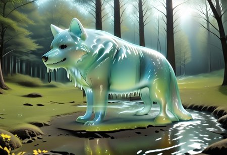 animal_guardian, wolf, black wolf, Wolf made out of black slime, black slime wolf in a forest, forest made out of slime, (((black slime)))
natural light, no bright spots, 
((translucent slime)), ((transparent slime)), made of water, (bioluminescent slime), sl1m3, slime, slime-morph, ais-blmn, saturated colors, no creatures, no humans, no monsters, no pokemon, scenery only, scenery, ral-lava, watce