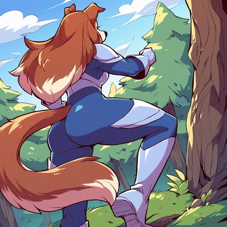 score_9, score_8_up, score_7_up, score_6_up, score_5_up, score_4_up, (Source furry), (rating safe),  <lora:ColleenXL:0.8>, 1girl, solo, simple background, brown hair, gloves, white background, animal ears, standing, tail, ass, boots, white gloves, from behind, bodysuit, leg up, dog girl, colleen, two-tone hair, two-tone fur, furry, furry female, long hair, large ass, outside, trees