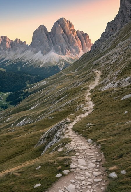 A photorealistic Dolomites scene with a winding mountain trail leading through rocky terrain, jagged peaks in the background, warm sunset light casting long shadows, a hiker in the distance, 8k resolution, ultra-detailed, adventure photography style, using Dolomites World Heritage LoRa