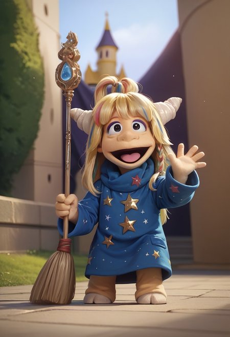 1girl, score_9, score_8_up, score_7_up BREAK Eureekaa, 1girl, blonde hair, multicolor hair streaks, ponytail, horns, black eyes, purple eyeshadow, long blue starry robe, standing, holding broom and sweeping the ground, outside of castle, looking up and smiling at viewer, full body, happy eyes, happy smile,