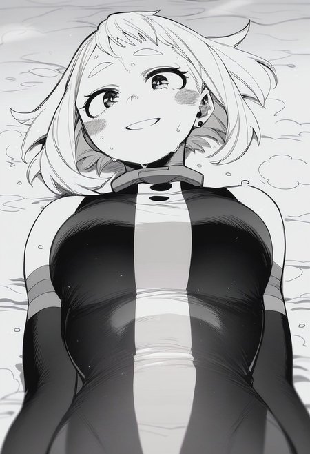 flatshinyskin, score_9, score_8_up, score_7_up , 1girl, 1girl, mosaic censoring, smile, slight seductive pose,, medium breasts, sweating, breasts,, long skirt, 1girl, solo focus, Upper body, hands behind back,  wet, sweaty, sweating, steam, lying on back, low angle, under boobs, 
ochako_uraraka, 1girl, score_9, score_8_up, score_7_up, Monochrome,  MANGASTYLE ,bodysuit, solo focus, perfect body, curvey, thick waist, thick body, skin tight dress, , front view, front focus, looking at viewer, seductive expression, smile, teeth,  night dress, night grown