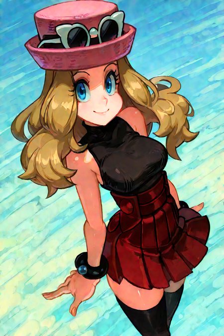 masterpiece, best quality, 1girl, solo, beautiful eyes, zzSerena, solo, long hair, blue eyes, eyewear on headwear, pink headwear, eyelashes, sleeveless shirt, black shirt, bracelet, high-waist skirt, red skirt, black thighhighs,  <lora:SerenaPokemonIXL_v2:1.0>,   <lora:AlexAhad_IXL_v1:1.0>, from above, dynamic pose, cowboy shot, smile, looking at viewer, shiny skin,